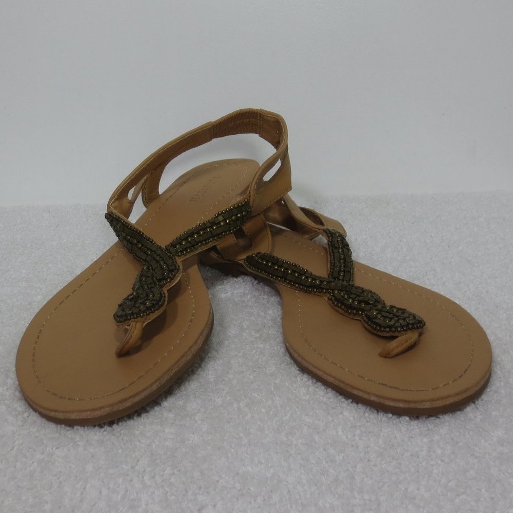 NEW Forever 21 Shoes Tan Bronze Beaded Cut Out Sling-back Thong Sandals Size 6